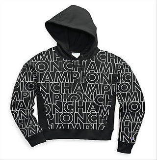 Moletom com capuz Champion feminino com estampa reversa e trama completa, preto, tamanho X-S