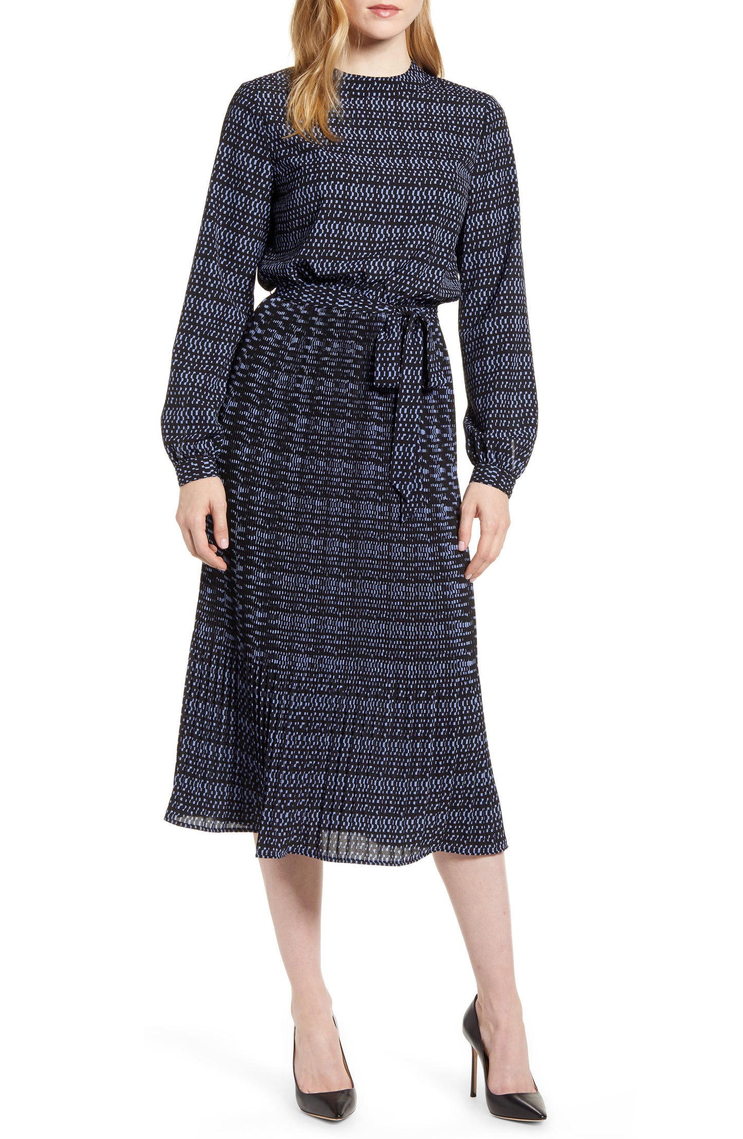 Vestido estampado feminino Anne Klein com decote falso, preto, tamanho X-S