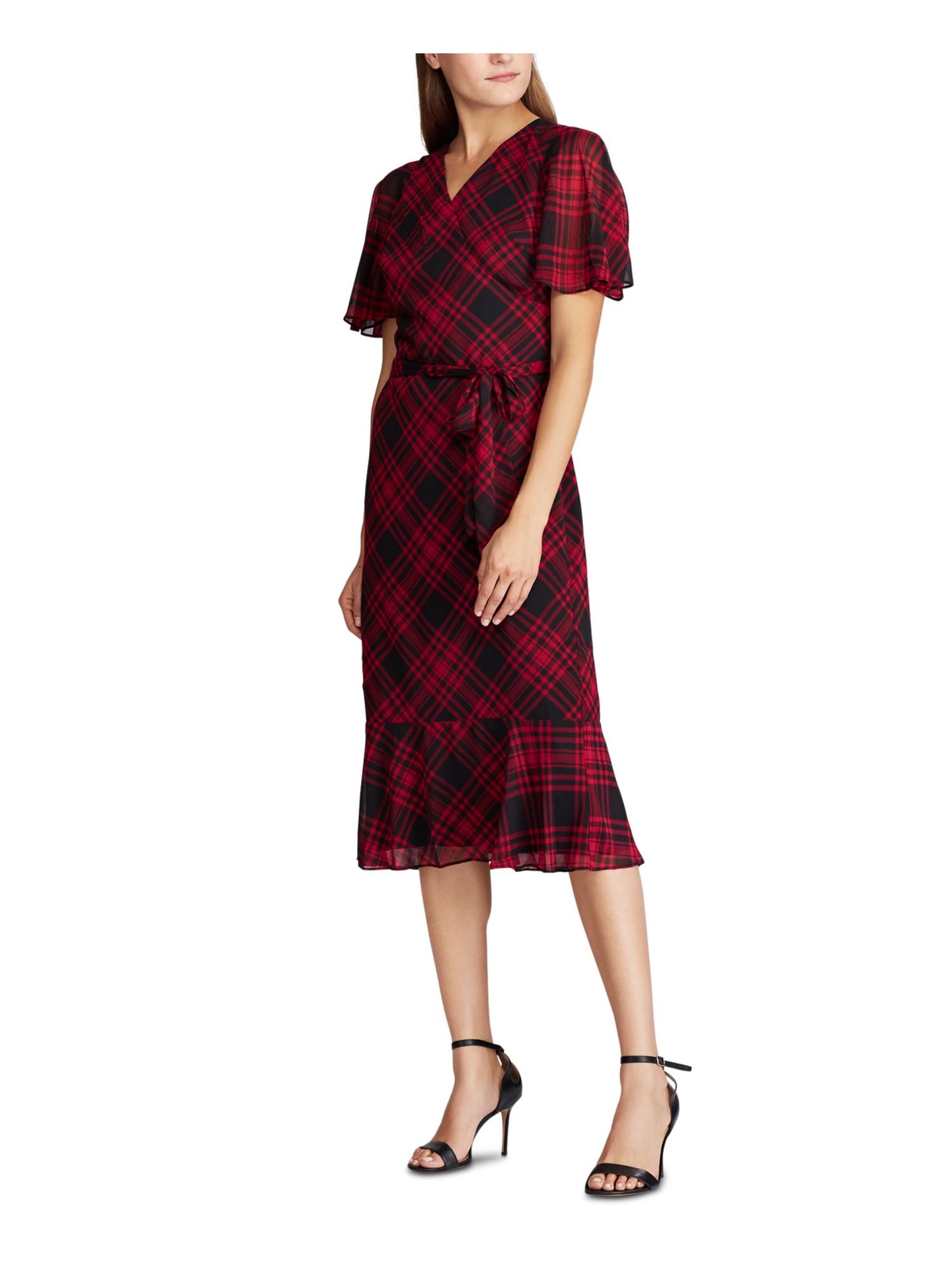 Vestido feminino Ralph Lauren com manga curta e caimento abaixo do joelho, preto/vermelho, tamanho 18