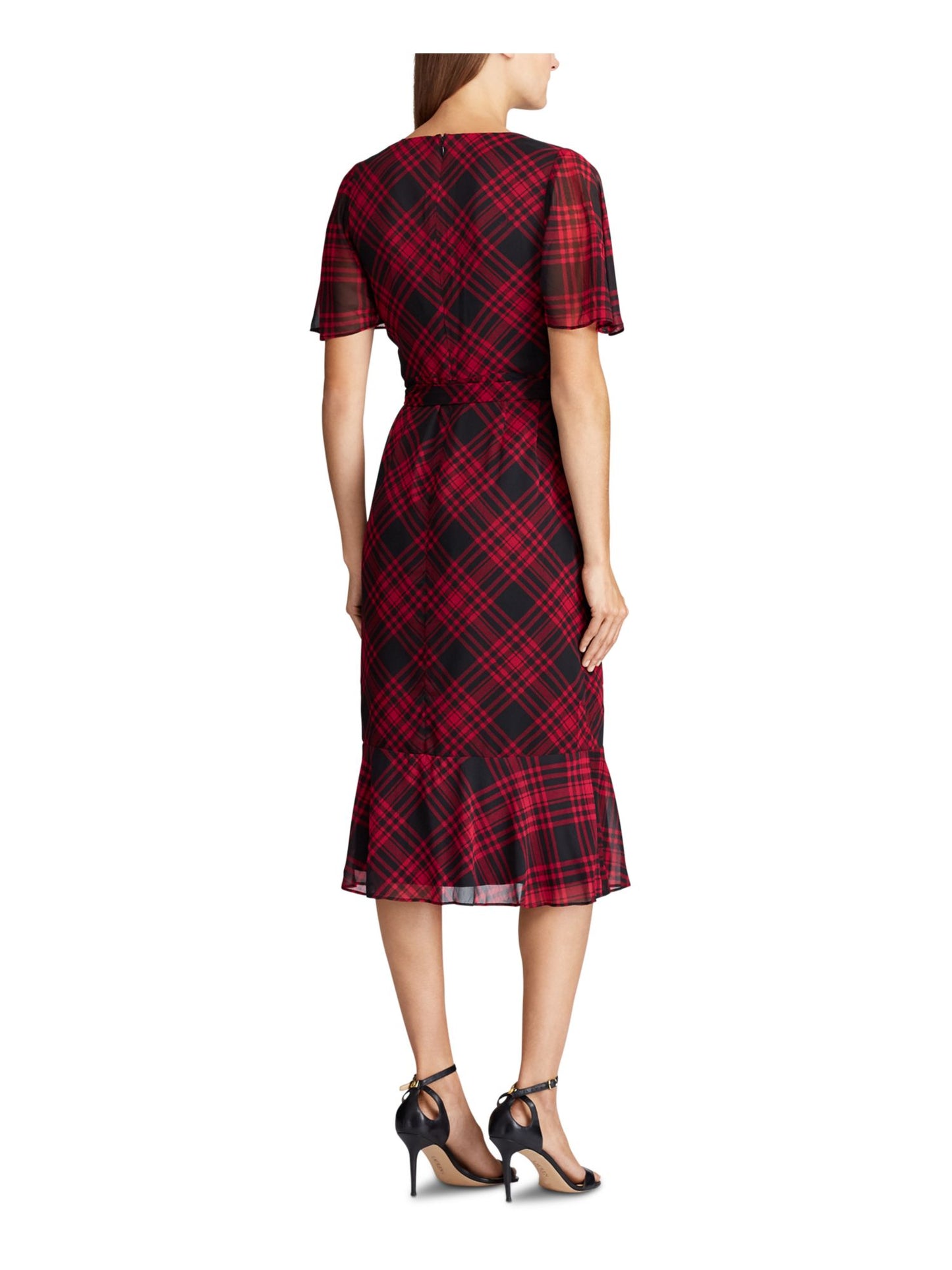 Vestido feminino Ralph Lauren com manga curta e caimento abaixo do joelho, preto/vermelho, tamanho 18