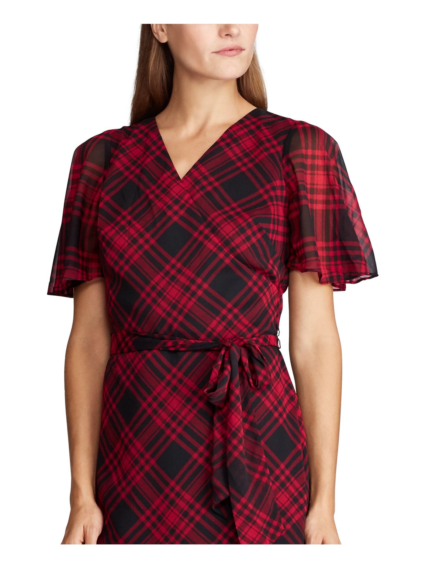 Vestido feminino Ralph Lauren com manga curta e caimento abaixo do joelho, preto/vermelho, tamanho 18