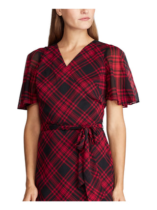 Vestido feminino Ralph Lauren com manga curta e caimento abaixo do joelho, preto/vermelho, tamanho 18