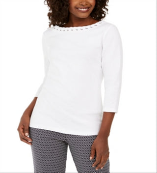 Karen Scott Top de algodão com acabamento em ilhós feminino, branco, tamanho X-S