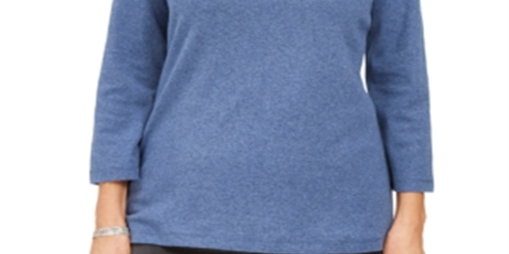 Blusa feminina Karen Scott de algodão com manga 3/4, azul, tamanho X-S