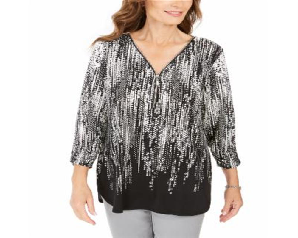 Blusa feminina estampada com zíper e gola alta, preta, tamanho pequeno GG
