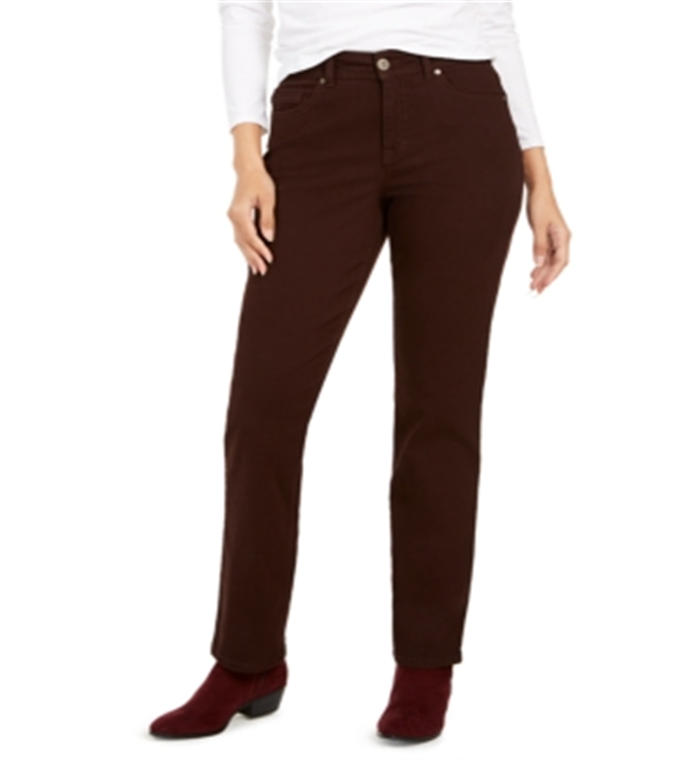 Calça jeans feminina estilo curvilíneo com perna reta, marrom, tamanho 6