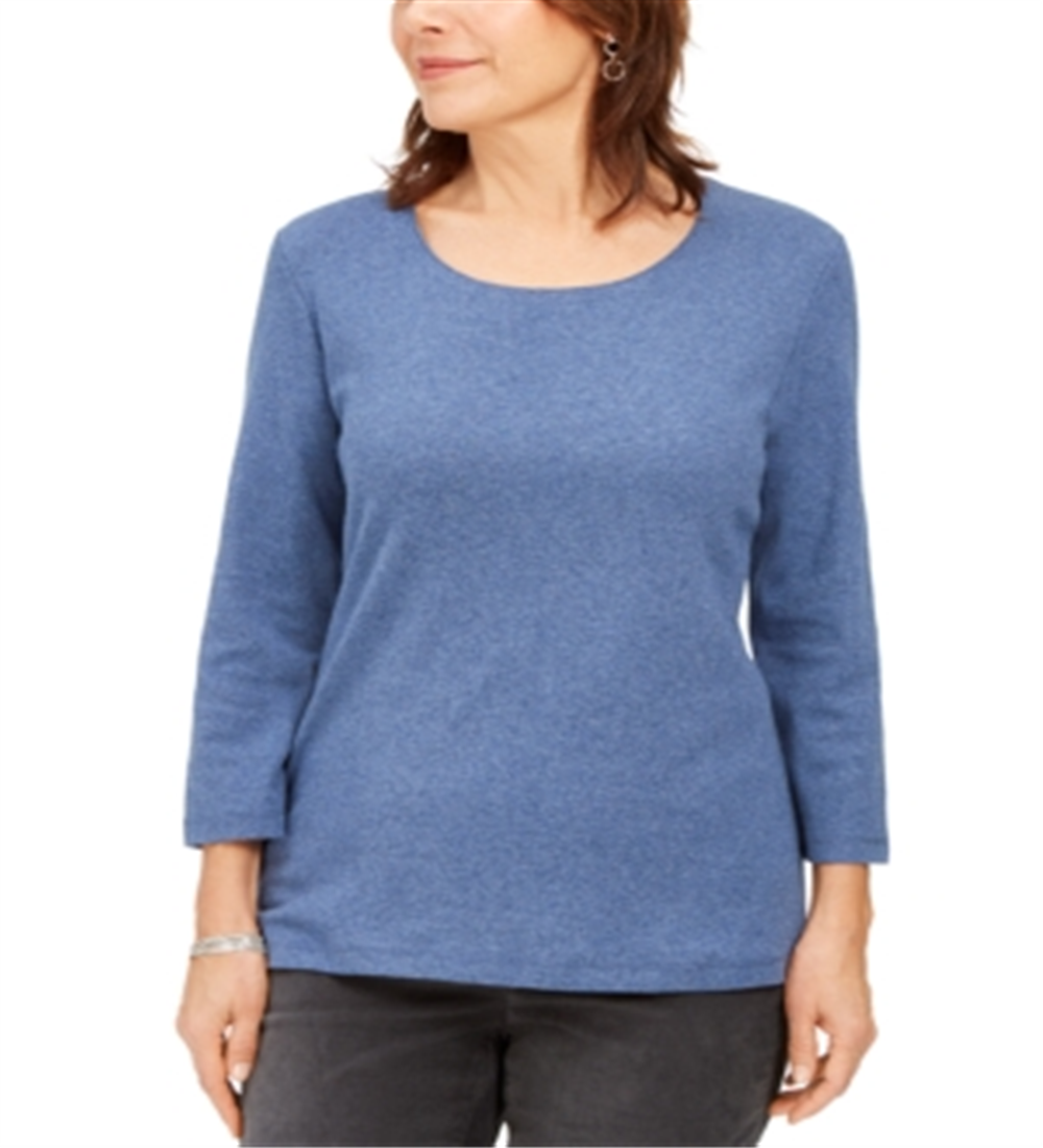 Blusa feminina Karen Scott de algodão com manga 3/4, azul, tamanho P
