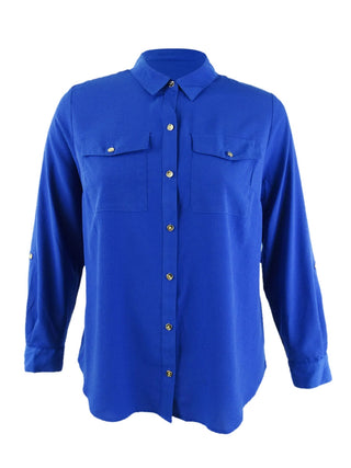 Charter Club Women's Button Front Shirt Blue Size Large