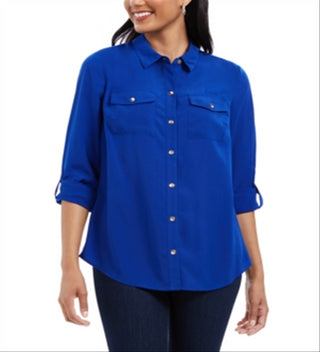 Charter Club Women's Button Front Shirt Blue Size Large