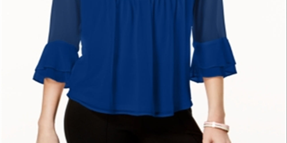 Charter Club Blusa feminina com babados duplos e pregas lisas, azul, tamanho extrapequeno