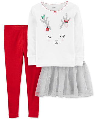Conjunto de pijama de tutu de rena Carter's para meninas, 3 peças, branco, tamanho 2T