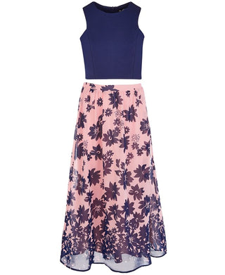 Conjunto de vestido com estampa floral para meninas grandes, 2 peças, azul, tamanho 7