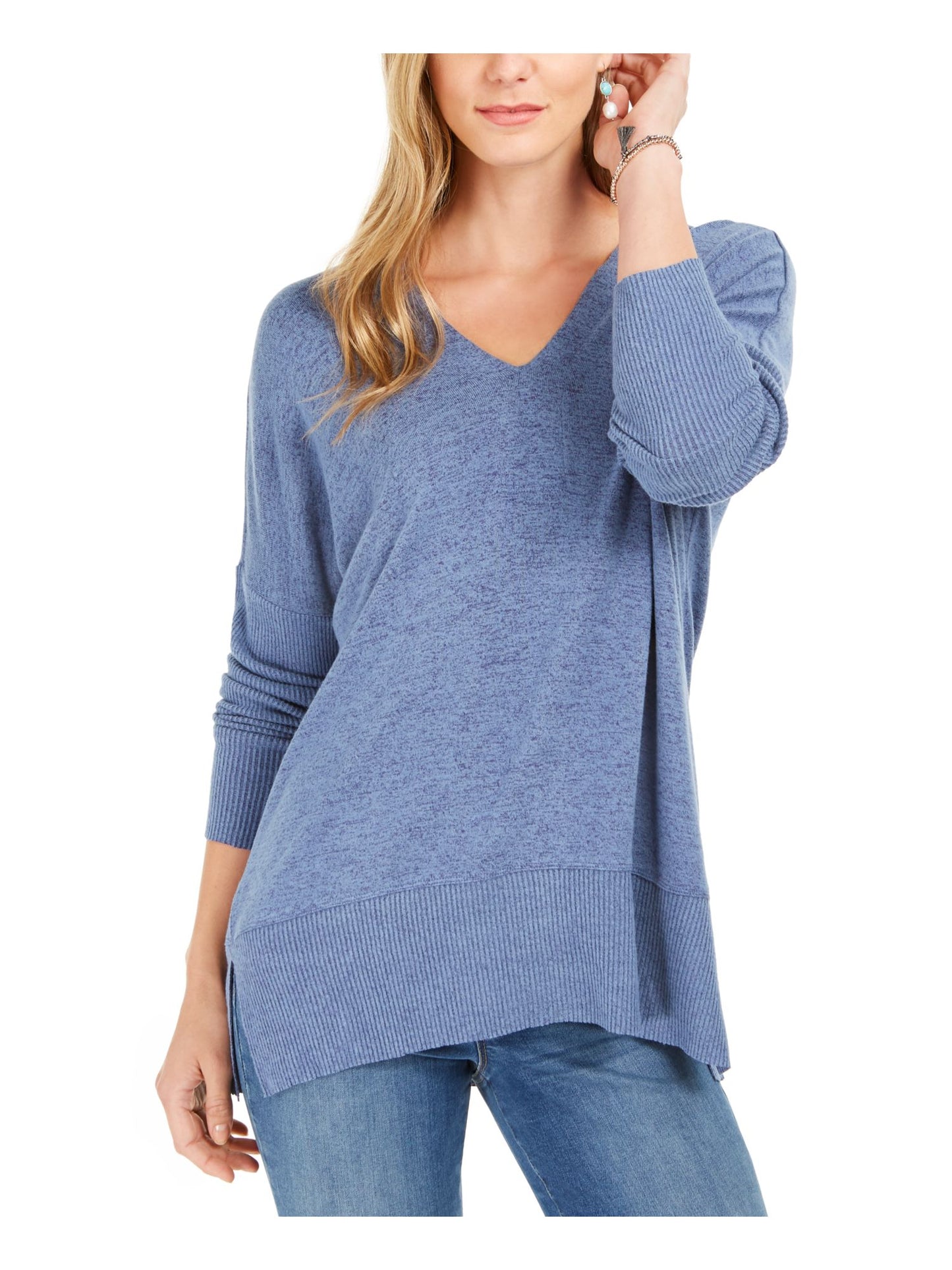 Túnica feminina estilo &amp; co com decote em V e ombros caídos, azul, tamanho extrapequeno