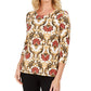 JM Collection Blusa feminina floral com manga 3/4 e decote redondo, tamanho pequeno, marrom
