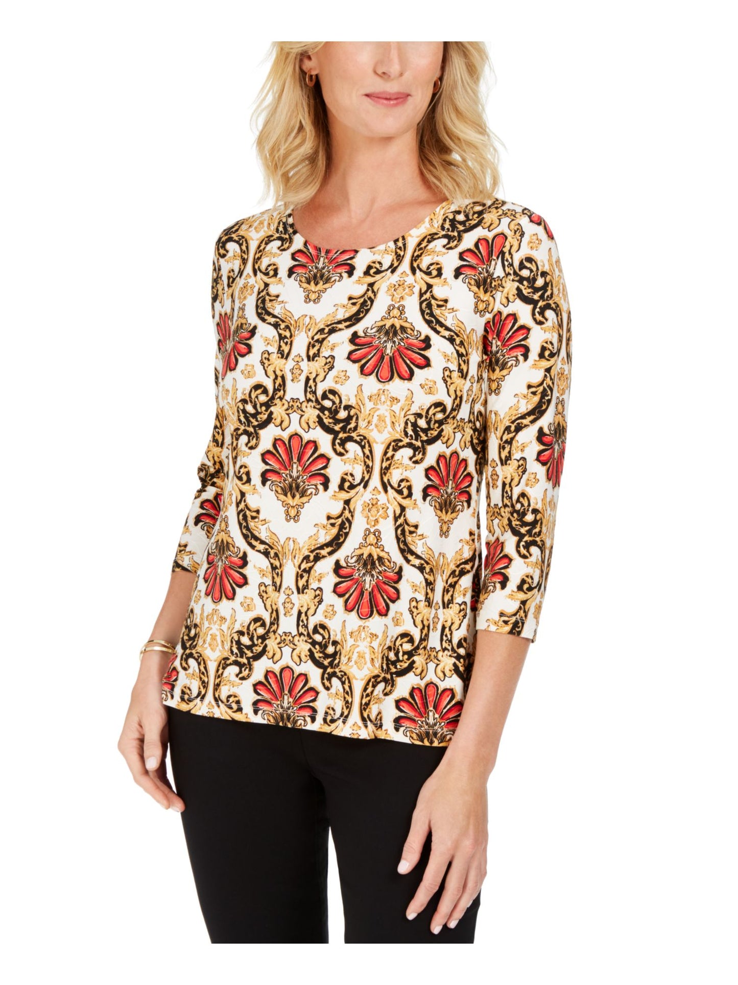 JM Collection Blusa feminina floral com manga 3/4 e decote redondo, tamanho pequeno, marrom