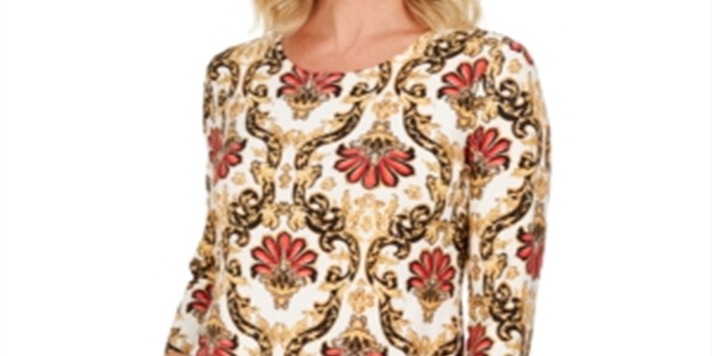 JM Collection Blusa feminina floral com manga 3/4 e decote redondo, tamanho pequeno, marrom