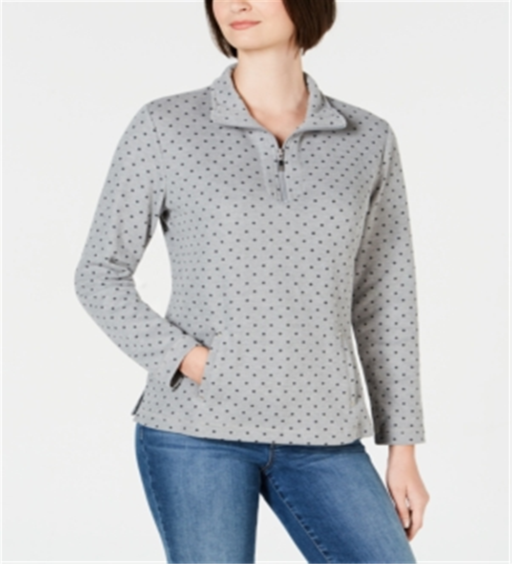 Blusa feminina Karen Scott estampada com zíper e gola alta, cinza, tamanho pequeno
