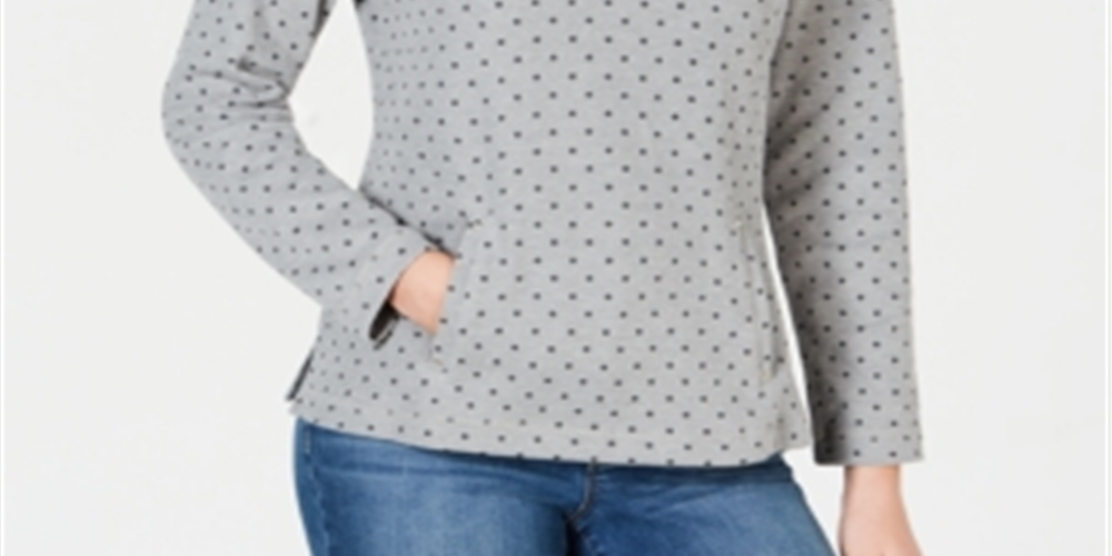 Blusa feminina Karen Scott estampada com zíper e gola alta, cinza, tamanho pequeno