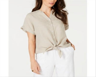 Camisa feminina Charter Club de linho com amarração frontal, marrom, tamanho XXG