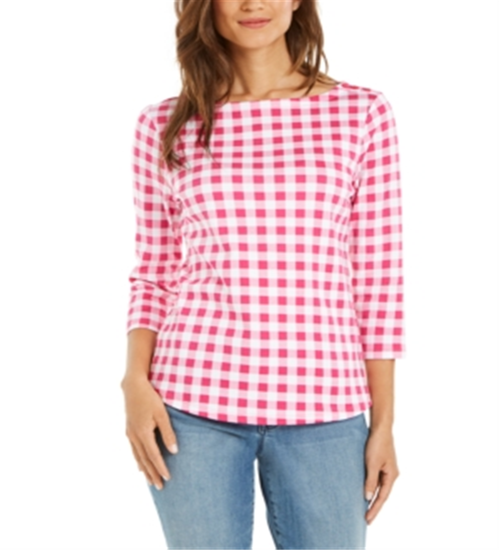 Charter Club Blusa feminina de algodão com estampa xadrez e gola canoa, preta, tamanho XS