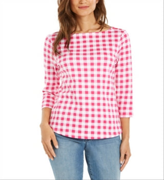 Charter Club Blusa feminina de algodão com estampa xadrez e gola canoa, preta, tamanho XS