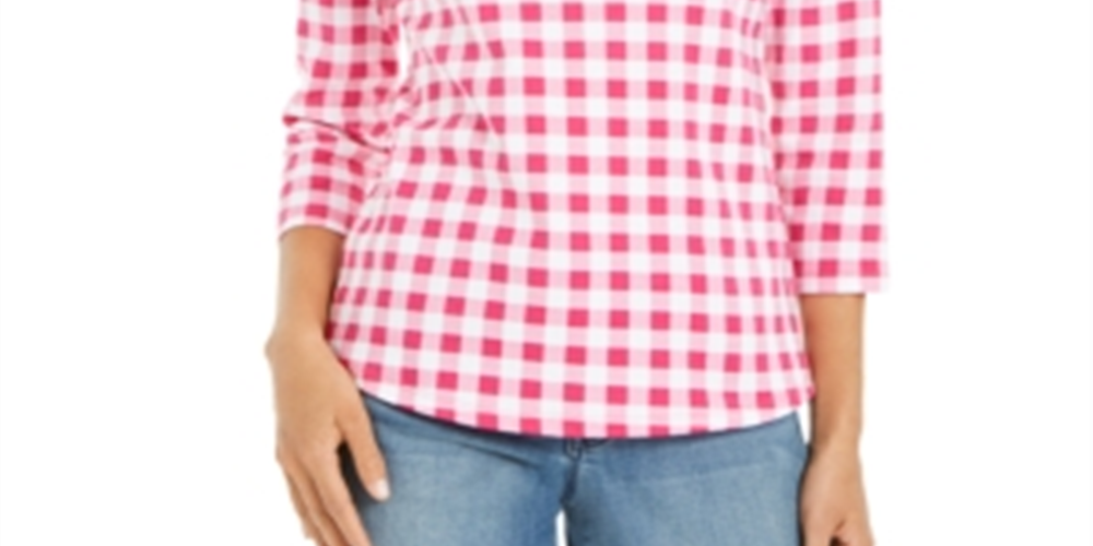 Charter Club Blusa feminina de algodão com estampa xadrez e gola canoa, preta, tamanho XS