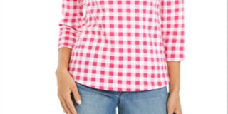 Charter Club Blusa feminina de algodão com estampa xadrez e gola canoa, preta, tamanho XS