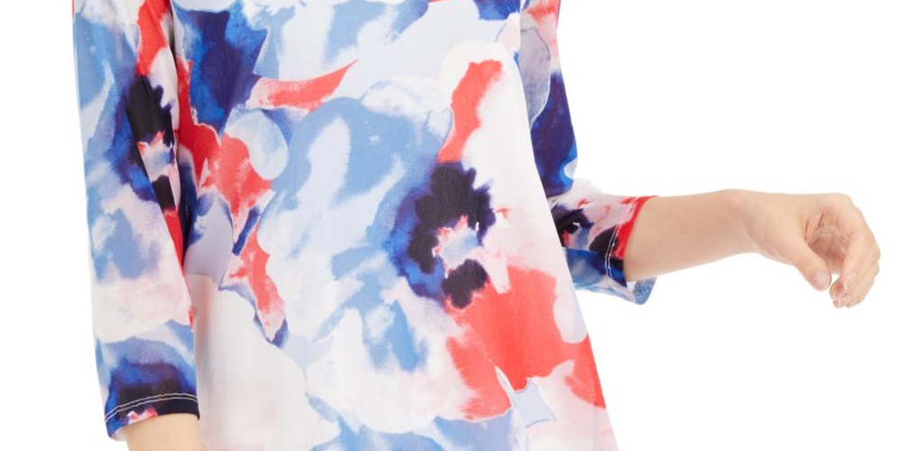 Blusa feminina Alfani com decote em V e manga 3/4 transparente e bloco de cores, azul, tamanho GG
