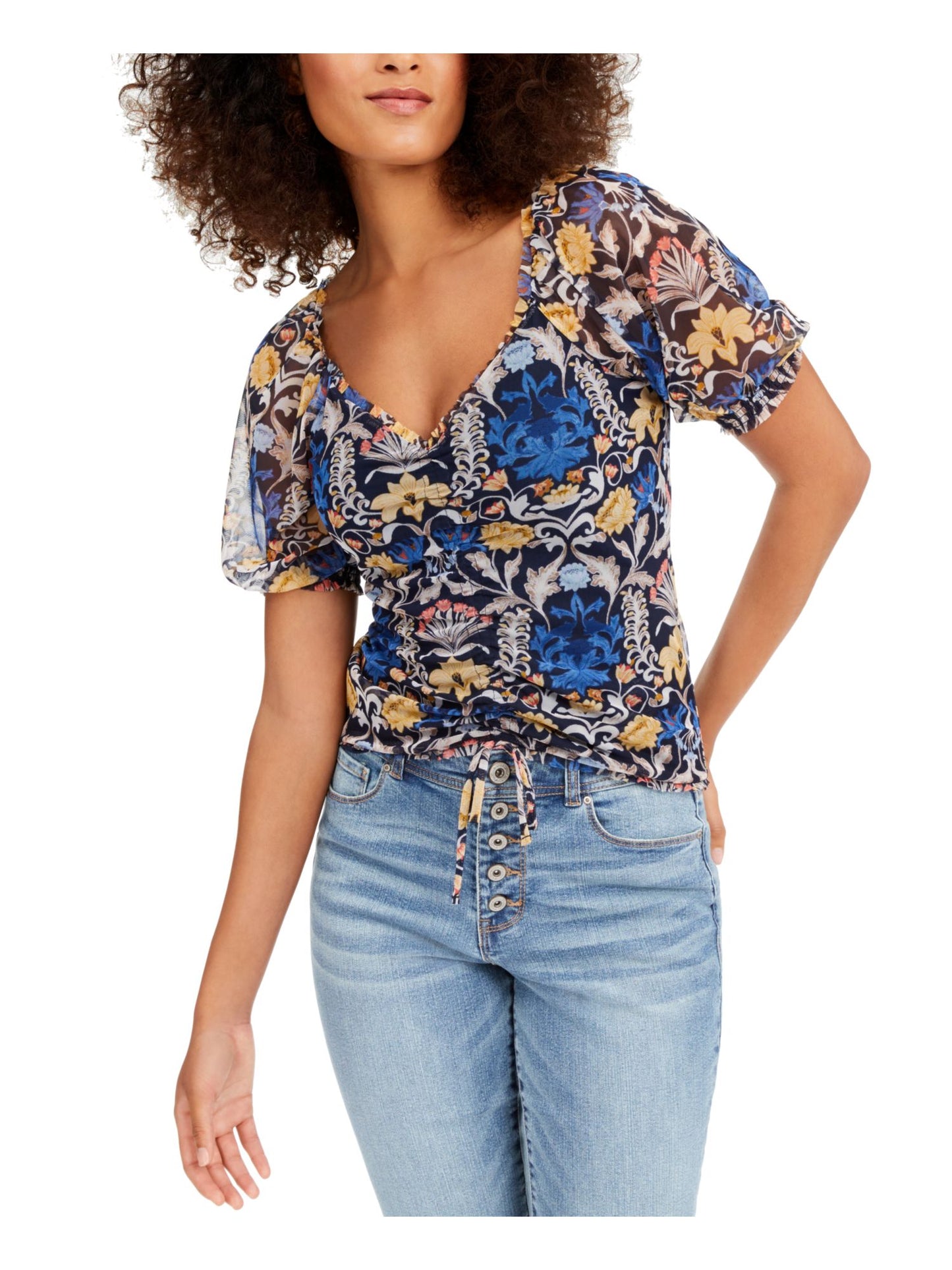Blusa feminina estampada com franzido frontal, azul, tamanho XS, da INC International Concepts