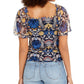 Blusa feminina estampada com franzido frontal, azul, tamanho XS, da INC International Concepts