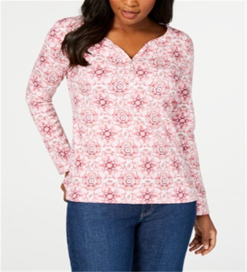 Karen Scott - Blusa Henley Feminina Estampada Manga 3-4 Rosa Tamanho M
