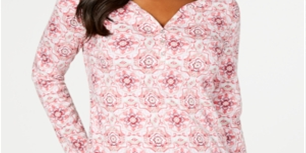 Karen Scott - Blusa Henley Feminina Estampada Manga 3-4 Rosa Tamanho M