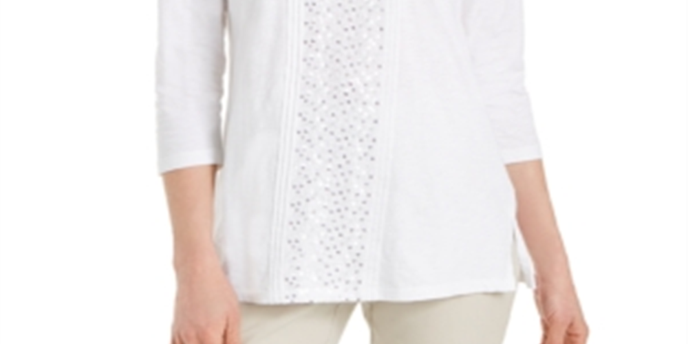 JM Collection Top feminino com decote redondo e lantejoulas, azul, tamanho XS