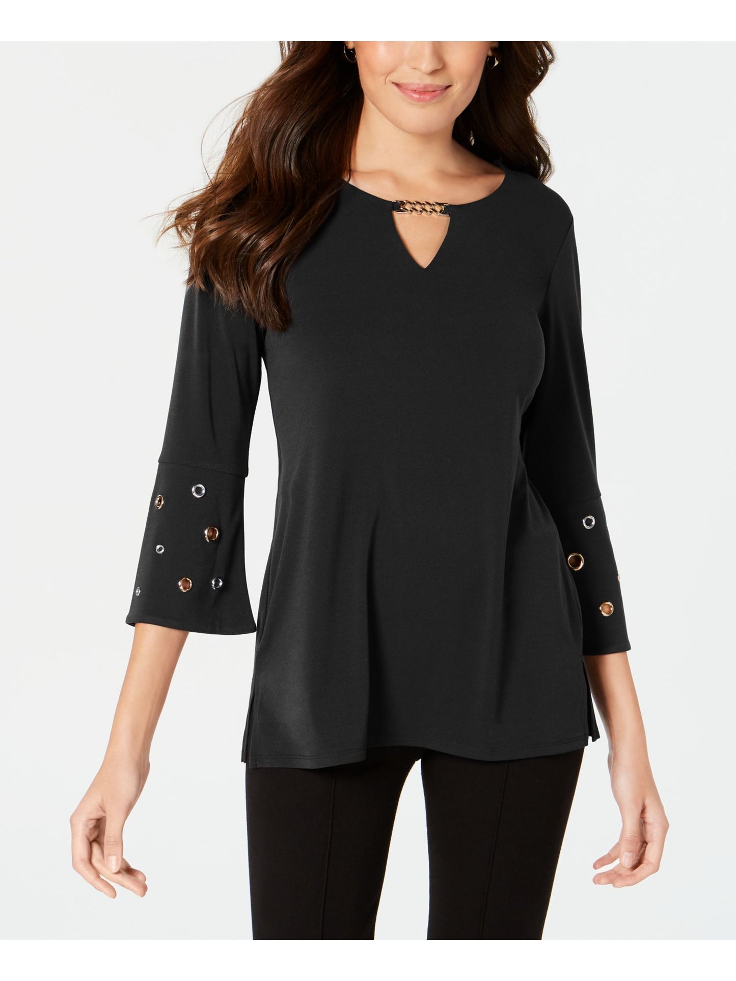 JM Collection Top de crepe feminino com detalhe de corrente, preto, tamanho pequeno