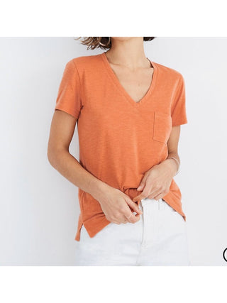 Camiseta feminina estilo &amp; co com mangas curtas mescladas e decote em V, tamanho laranja pequeno extragrande