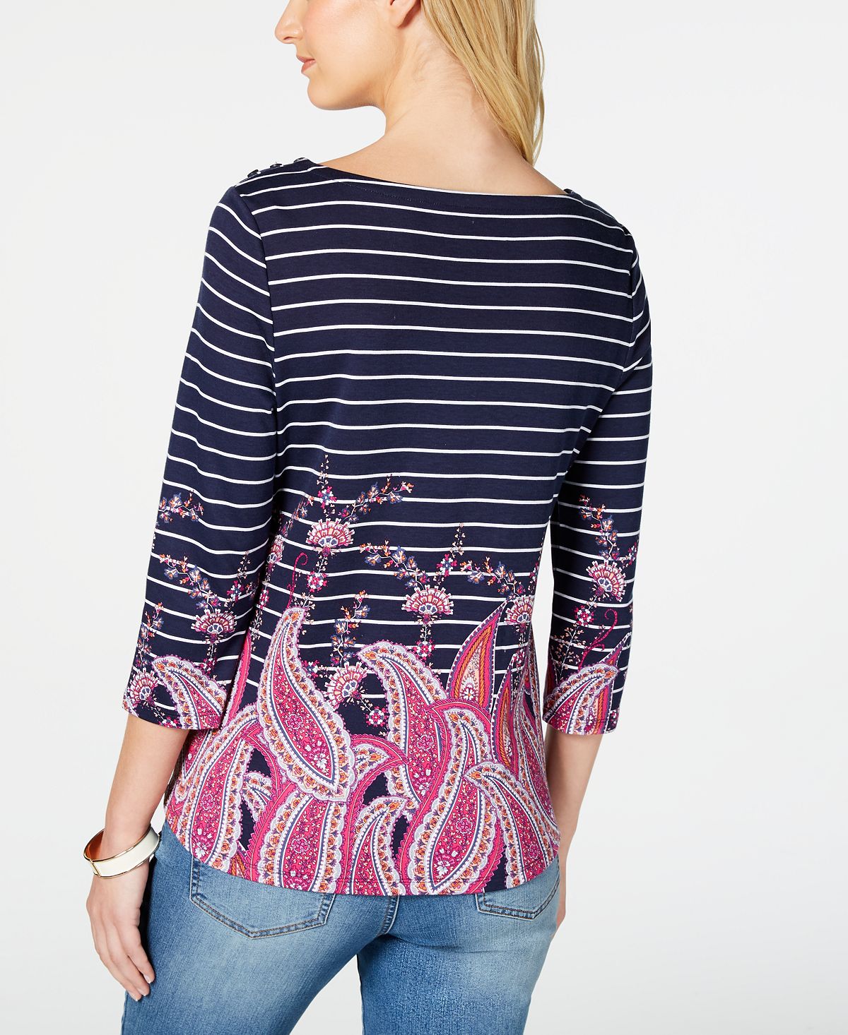 Blusa feminina listrada com estampa paisley Charter Club, azul, tamanho grande