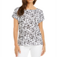 Charter Club Blusa feminina de linho com estampa floral e gola canoa, preta, tamanho médio