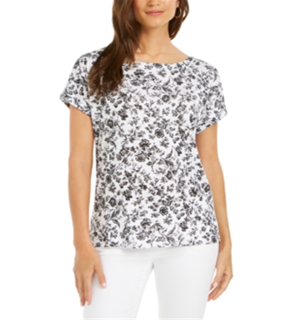 Charter Club Blusa feminina de linho com estampa floral e gola canoa, preta, tamanho médio