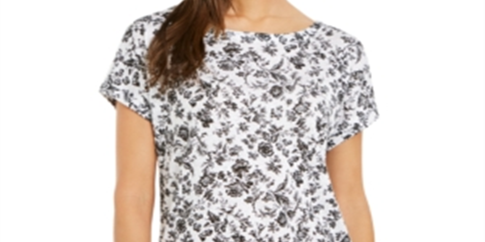 Charter Club Blusa feminina de linho com estampa floral e gola canoa, preta, tamanho médio