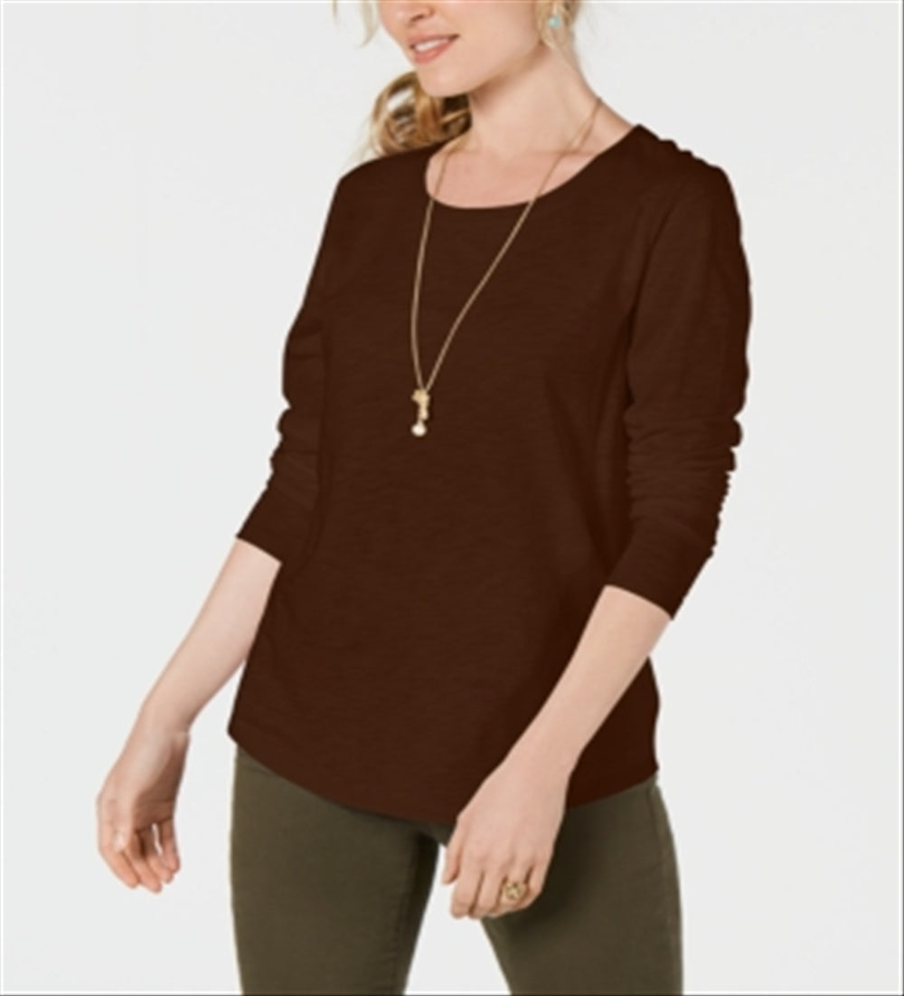 Blusa feminina de manga comprida e gola redonda estilo &amp; co, marrom, tamanho grande