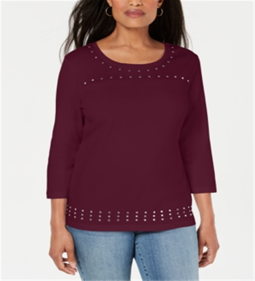 Blusa feminina Karen Scott com decote em joia e manga comprida, tamanho pequeno, vermelha