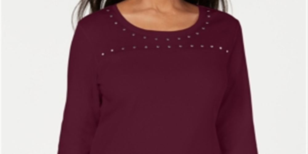 Blusa feminina Karen Scott com decote em joia e manga comprida, tamanho pequeno, vermelha