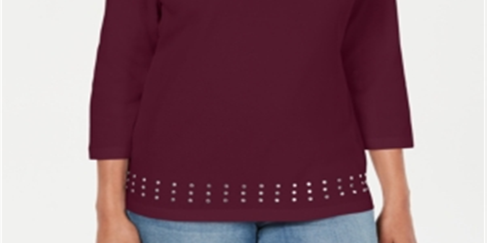 Blusa feminina Karen Scott com decote em joia e manga comprida, tamanho pequeno, vermelha