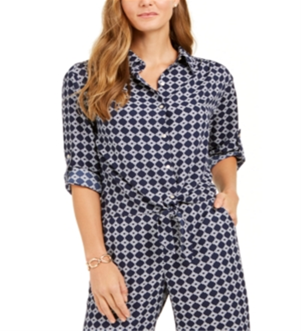 Charter Club Blusa feminina estampada com amarração frontal, azul, tamanho extragrande