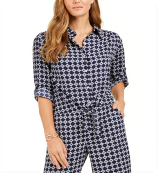 Charter Club Blusa feminina estampada com amarração frontal, azul, tamanho extragrande