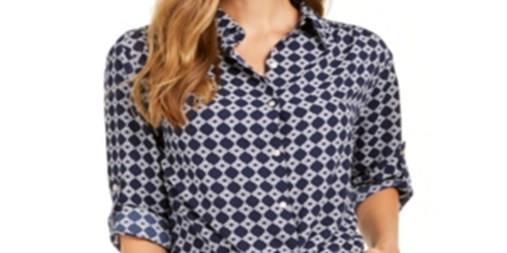 Charter Club Blusa feminina estampada com amarração frontal, azul, tamanho extragrande