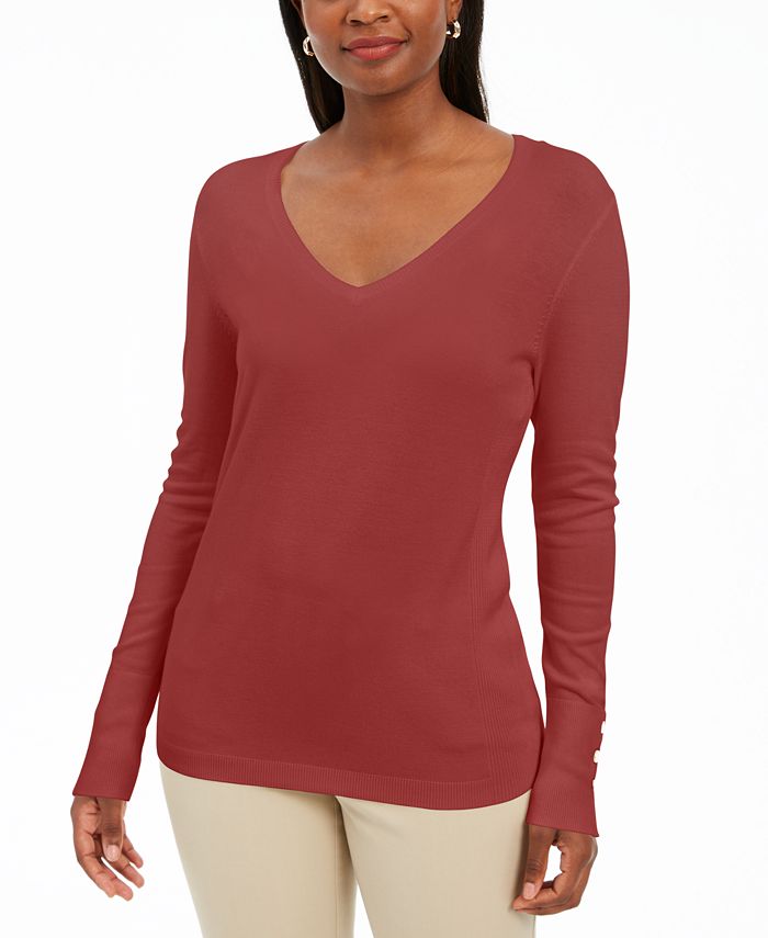 JM Collection Suéter Feminino com Manga Enfeitada e Gola V Vermelho Tamanho Médio