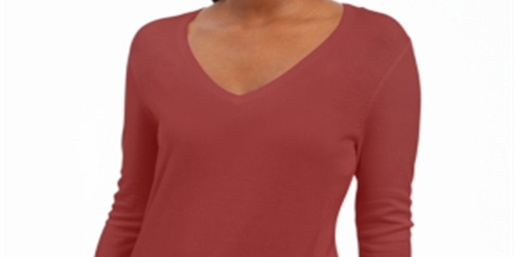 JM Collection Suéter Feminino com Manga Enfeitada e Gola V Vermelho Tamanho Médio