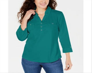 Camisa utilitária feminina Karen Scott de algodão Johnny-Collar, verde, tamanho grande