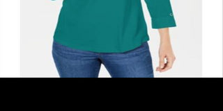 Camisa utilitária feminina Karen Scott de algodão Johnny-Collar, verde, tamanho grande